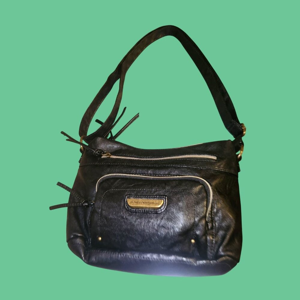 Stone Mtn. USA Black Faux Leather Shoulder Bag Multiple Zippered Compartments